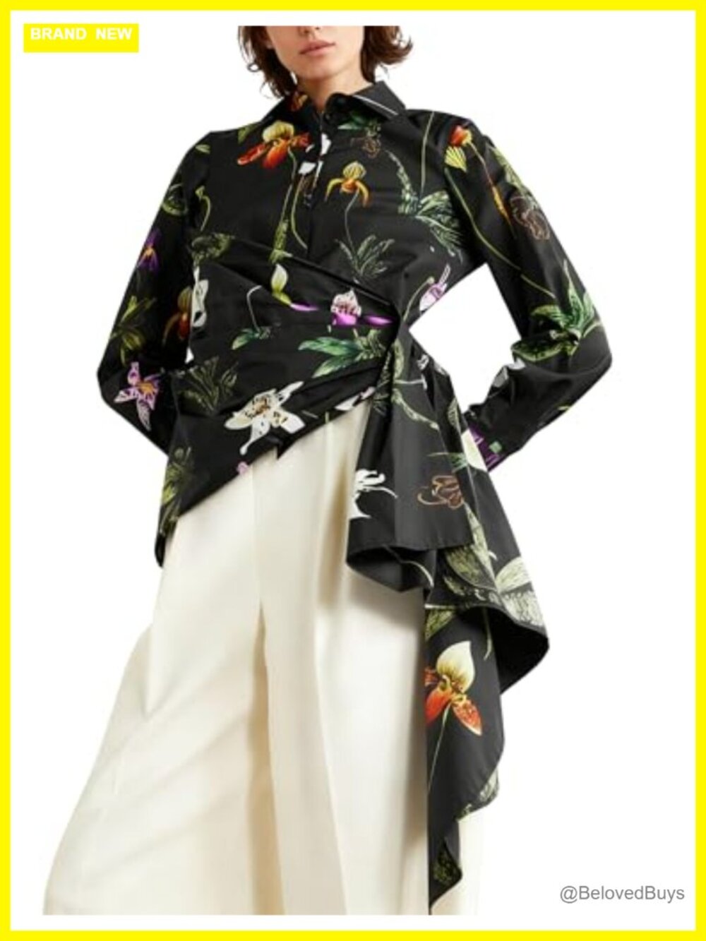 Floral Button Down Blouse Long Sleeve Asymmetrical Hem Work Top